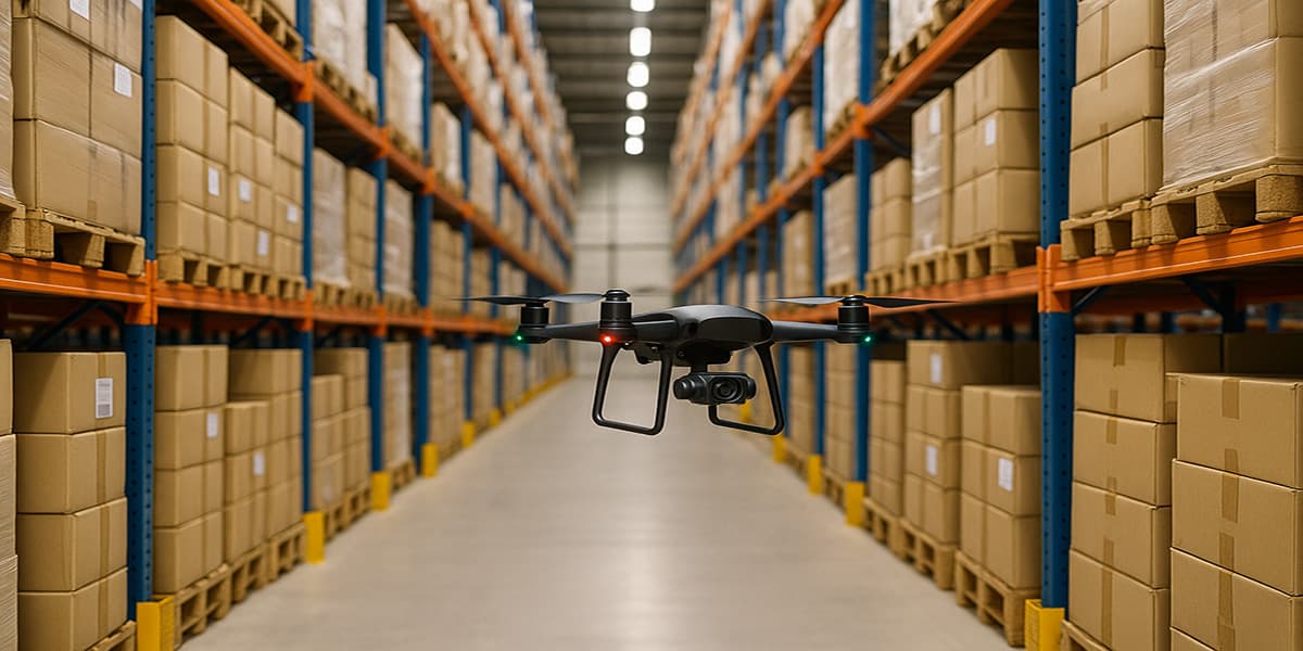 Drohne bei der automatisierten Inventarisierung im Lager